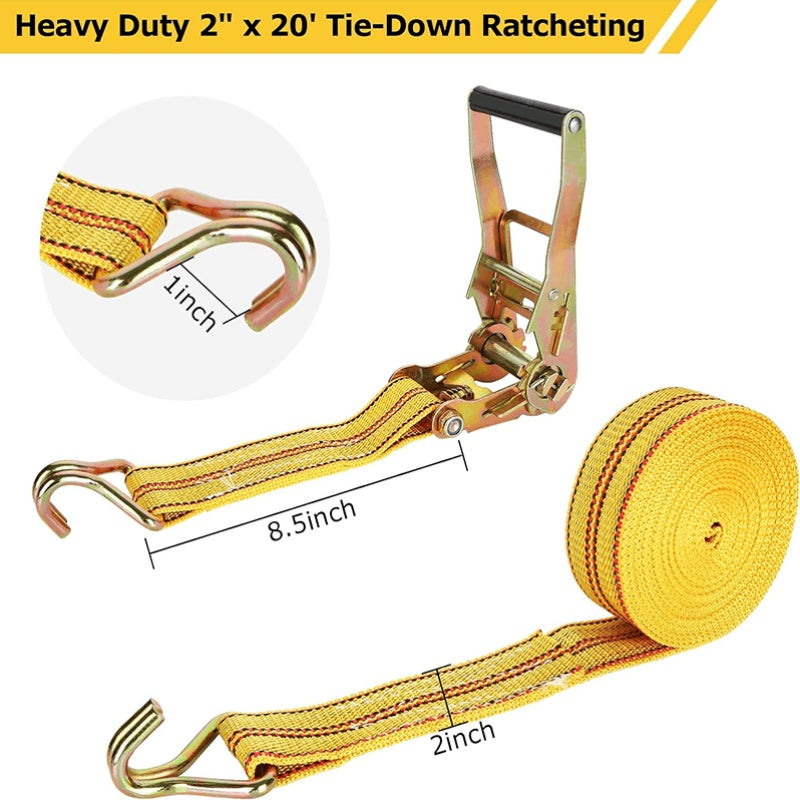 Heavy-Duty ratelbanden met een lengte van 5,08 cm bij 6,1 meter, die een breuksterkte van 2993,71 KG kunnen weerstaan, uitgerust met dubbele J-haken voor het vastzetten van lading op vrachtwagens en aanhangers tijdens transport.