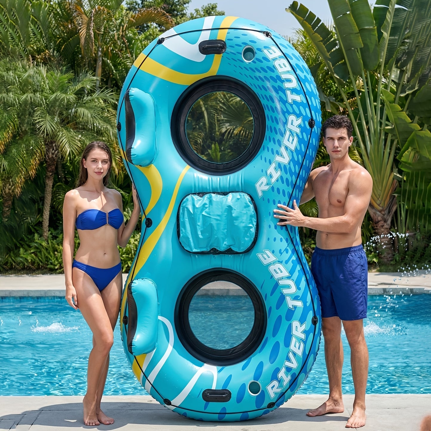 Opblaasbare Rivier Tube, Opblaasbare Waterbuizen voor Drijven, Heavy Duty Tube Float voor Rivier Zwembad Meer Strand met Ingebouwde Koelbox en Bekerhouders, Ergonomische Rugleuning, Duurzame Handvatten