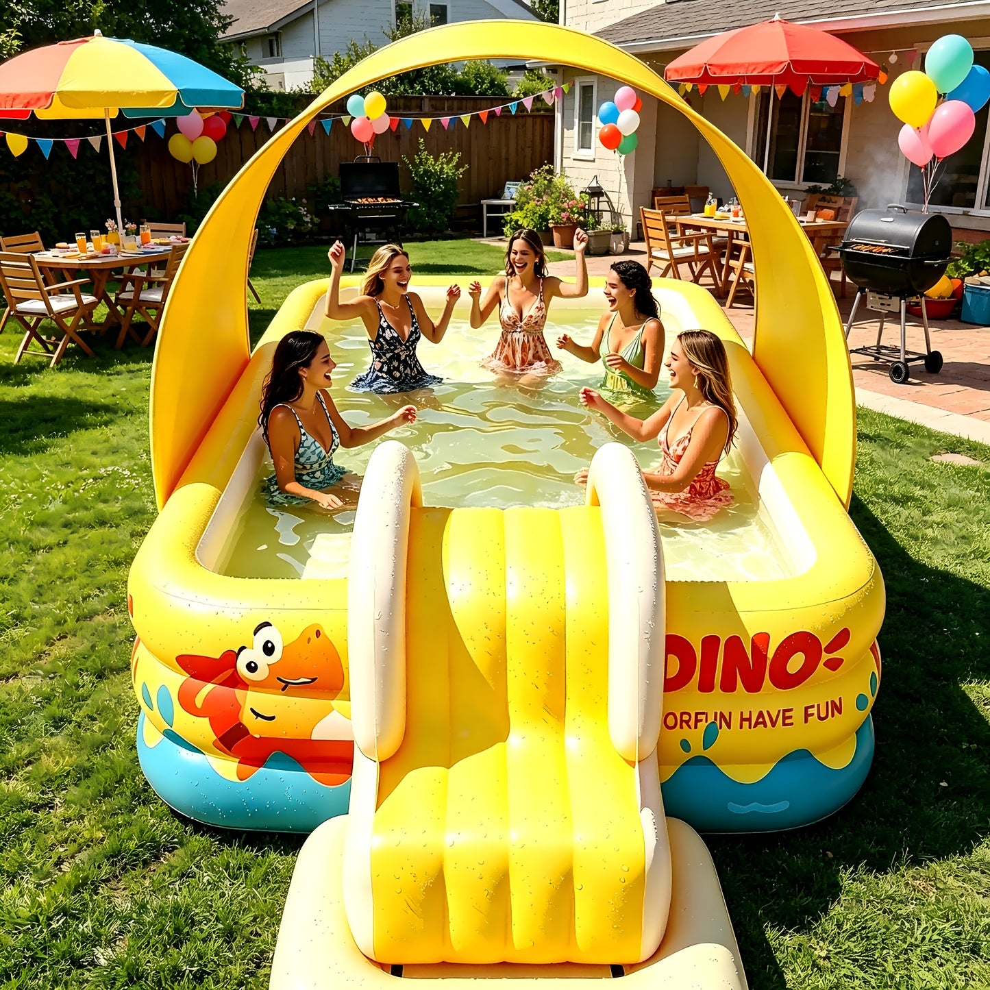 150.01/210.01/300.0 cm 3-Laags Rechthoekig Opblaasbaar Zwembad, Duurzaam PVC Materiaal, Huidvriendelijk en Zacht, Kleine Dinosaurussen Vakantie, Waanzinnige Party Waterpool, Opvouwbaar Zwembad, Zeer Geschikt voor Familie Waterspelletjes en Zwemmen, Zwemb