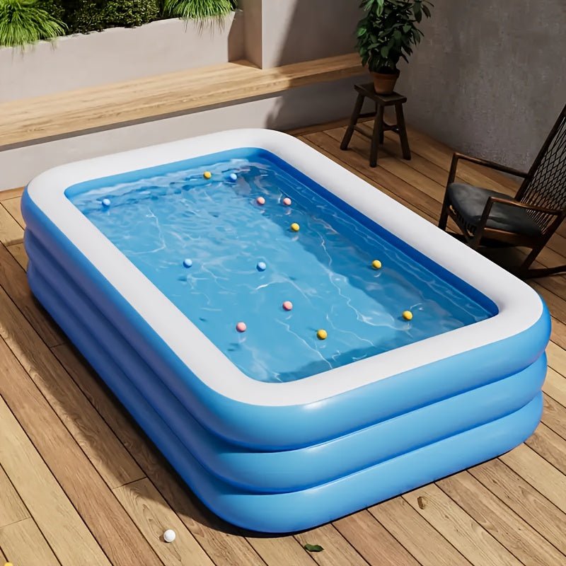 Opblaasbaar familiezwembad verkrijgbaar in drie maten voor tuin, terras en zomerse waterpret met het hele gezin