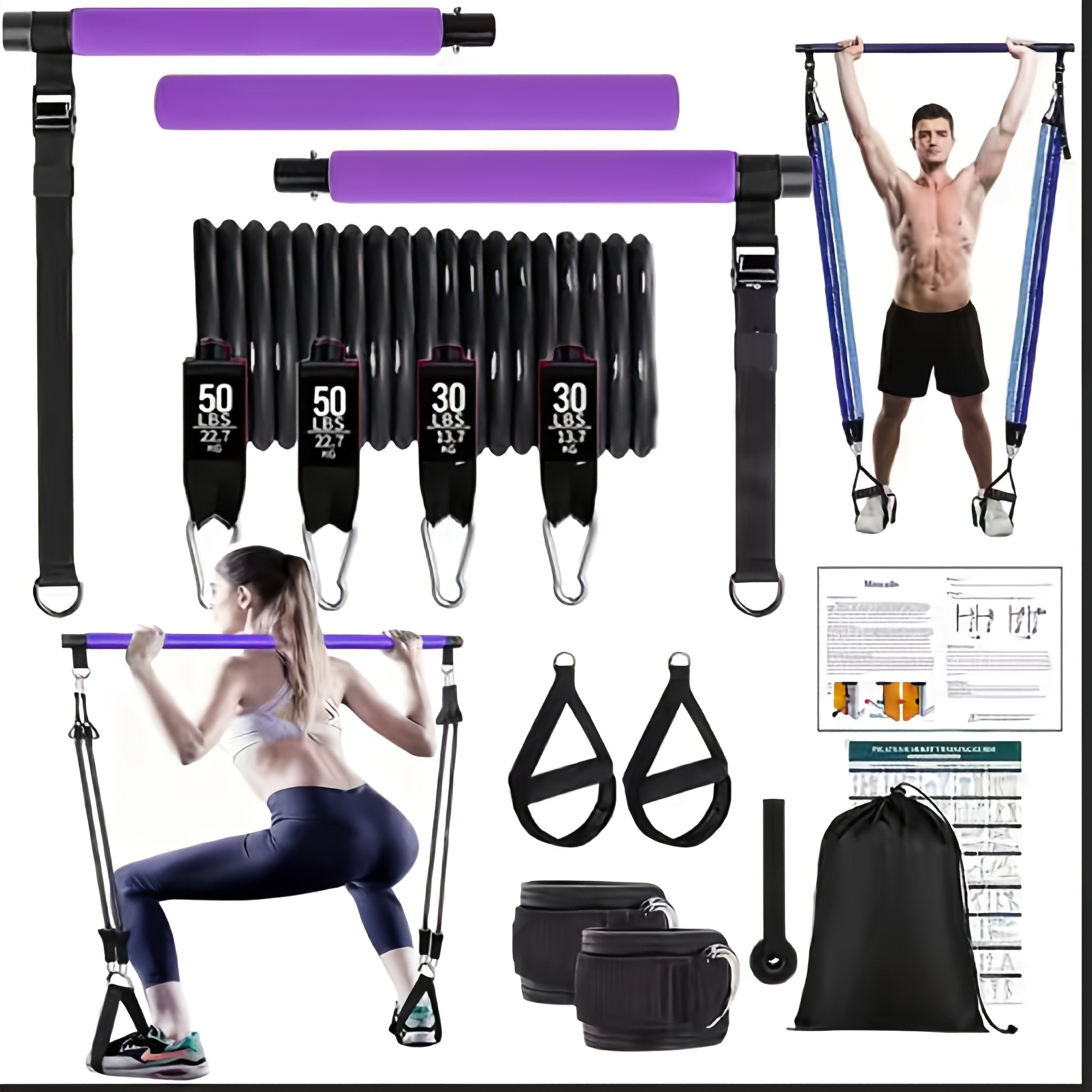 12-delige Pilates Bar Kit met weerstandsbanden voor full-body training, yoga, squats en thuisfitness