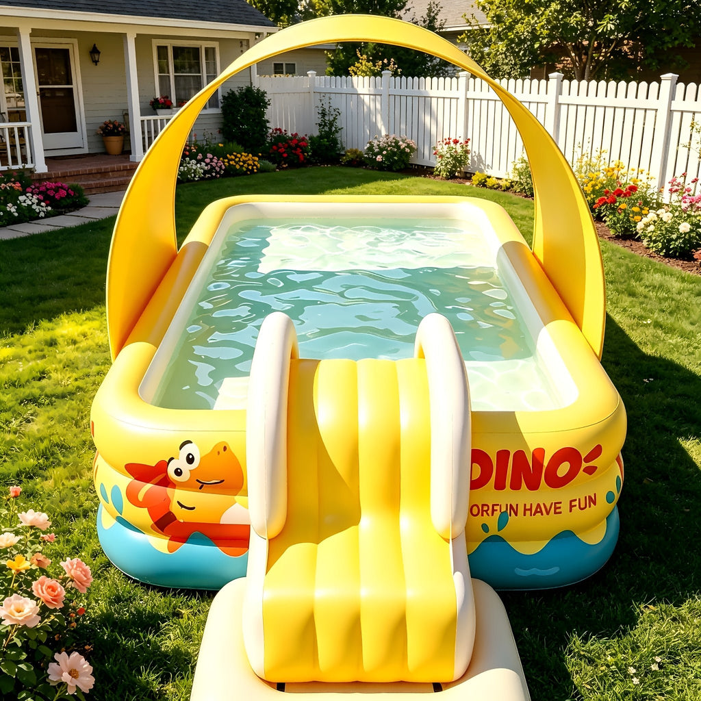 3-laags rechthoekig opblaasbaar familiezwembad van PVC met dinosaurusdesign voor tuin en zomerse waterpret