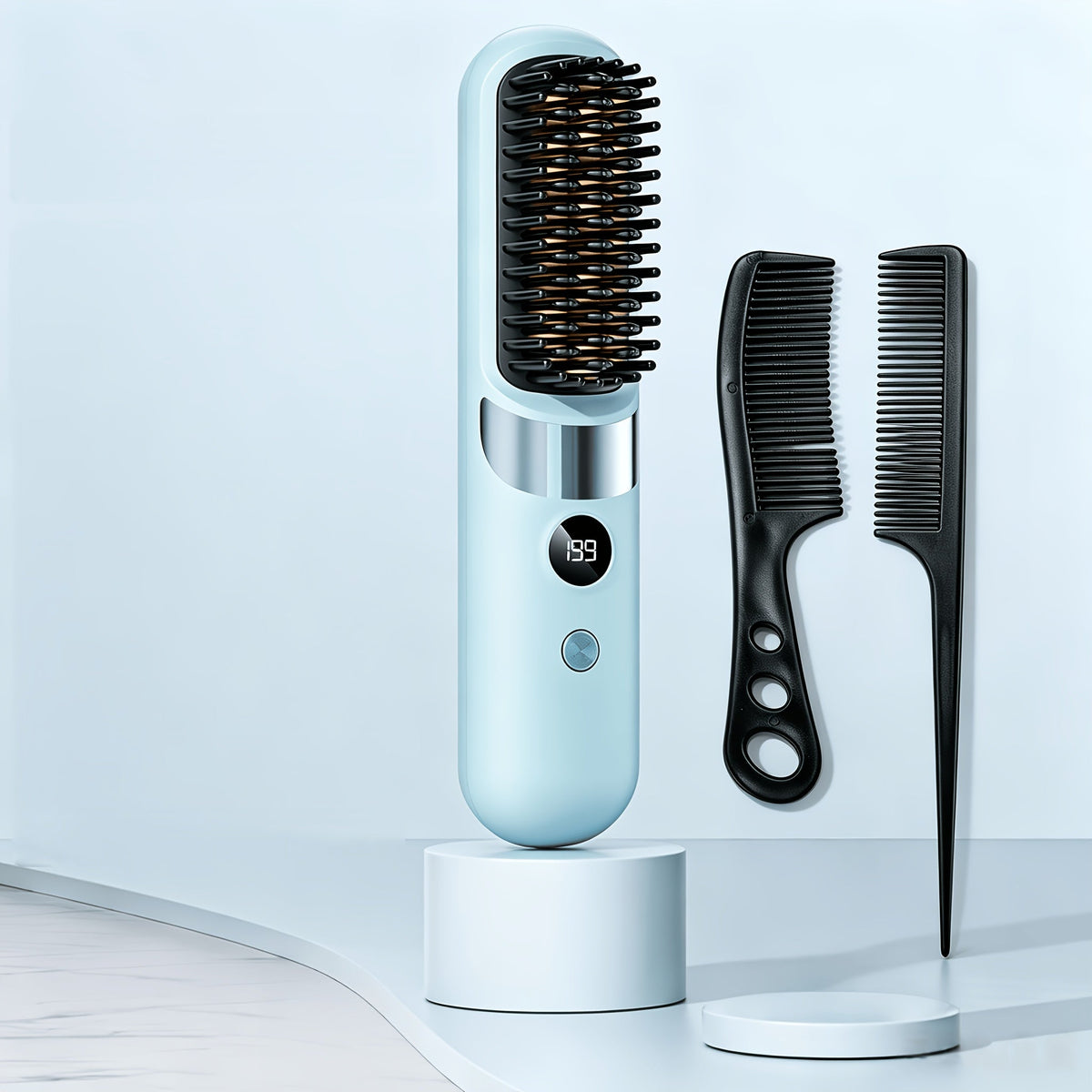 2-in-1 draadloze haarstyler borstel met stijltang, krulborstel en LED-display