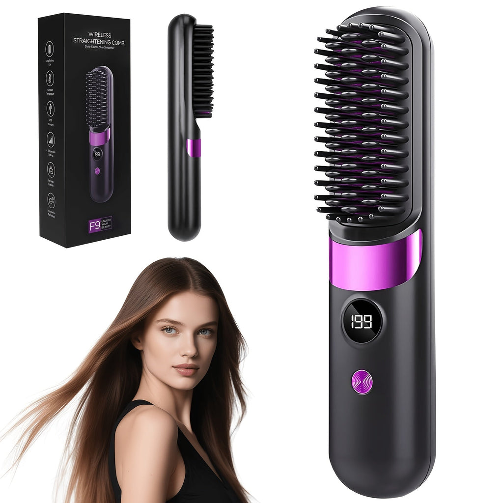 2-in-1 draadloze haarstyler borstel met stijltang, krulborstel en LED-display