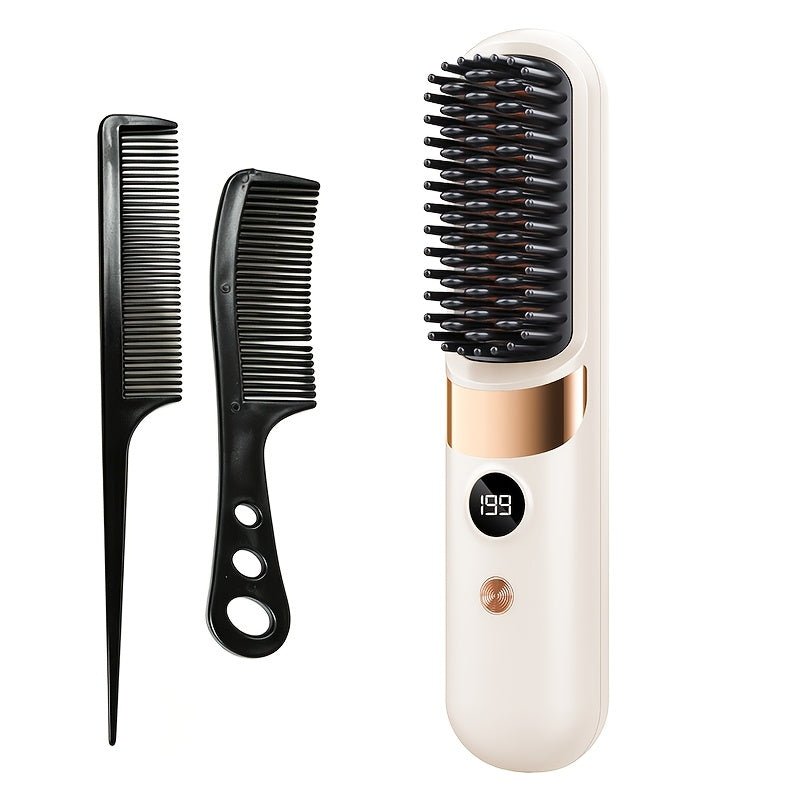 2-in-1 draadloze haarstyler borstel met stijltang, krulborstel en LED-display