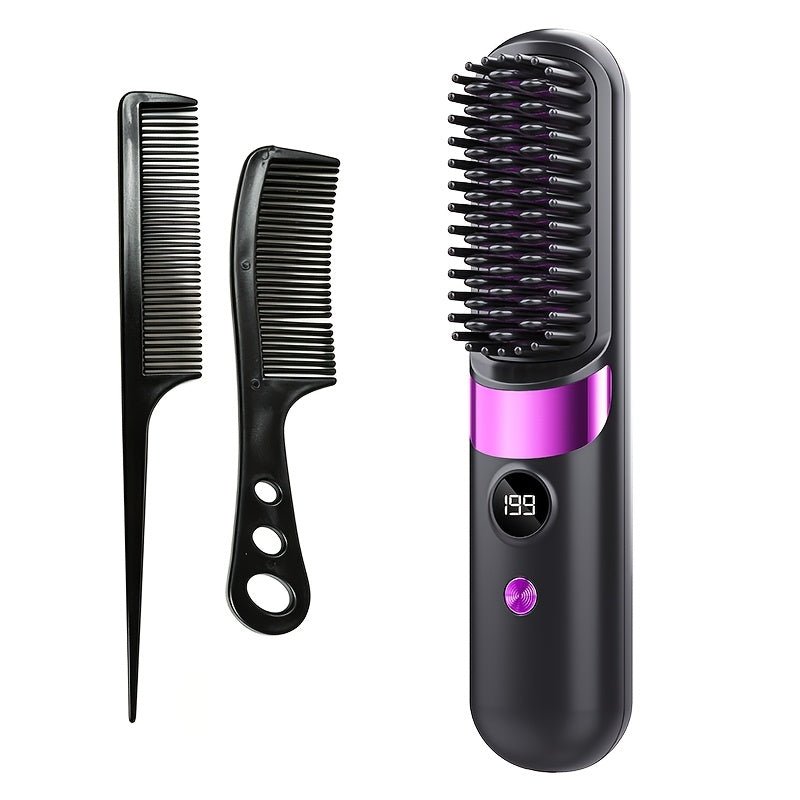 2-in-1 draadloze haarstyler borstel met stijltang, krulborstel en LED-display