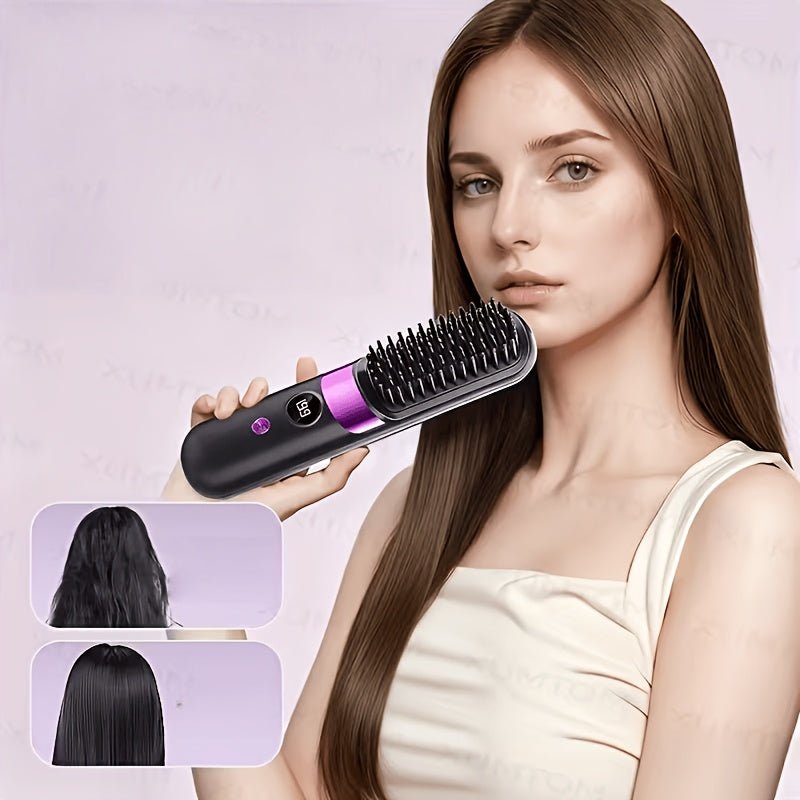 2-in-1 draadloze haarstyler borstel met stijltang, krulborstel en LED-display