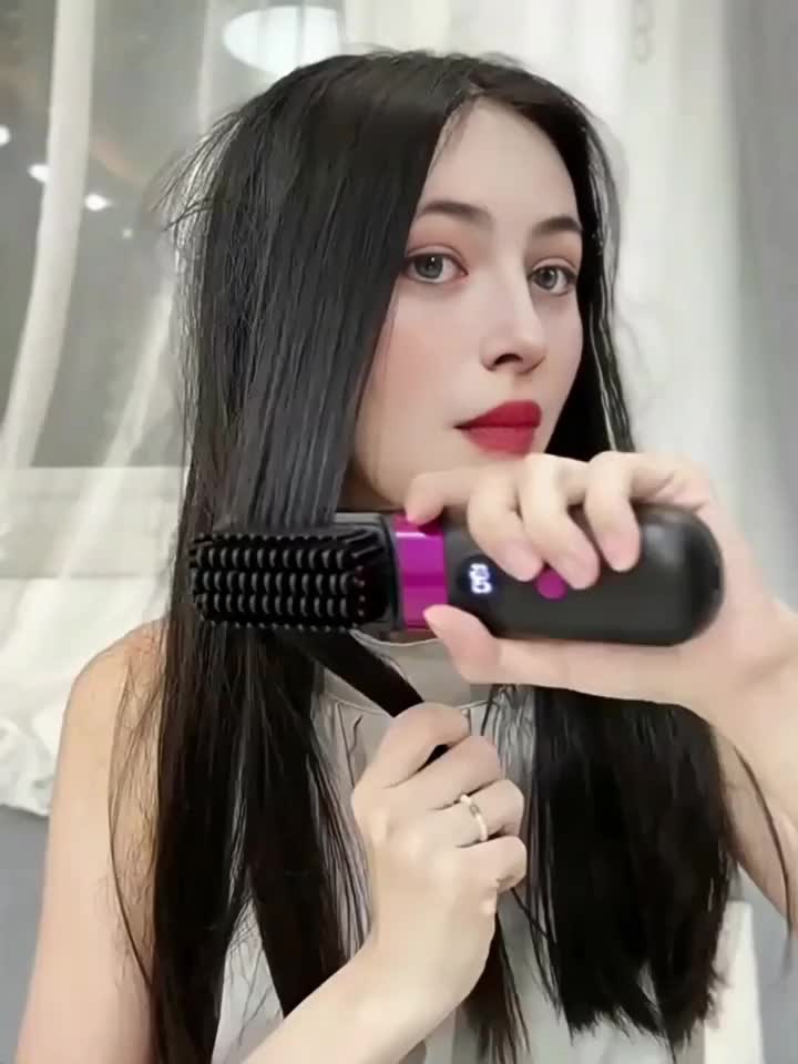 2-in-1 draadloze haarstyler borstel met stijltang, krulborstel en LED-display