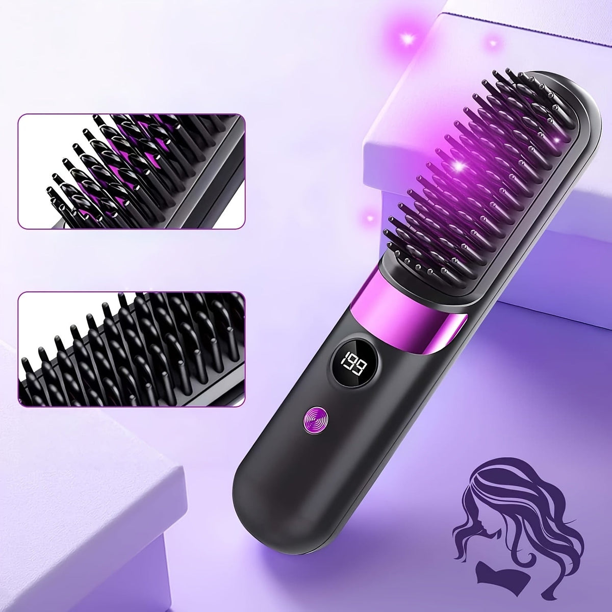 2-in-1 draadloze haarstyler borstel met stijltang, krulborstel en LED-display