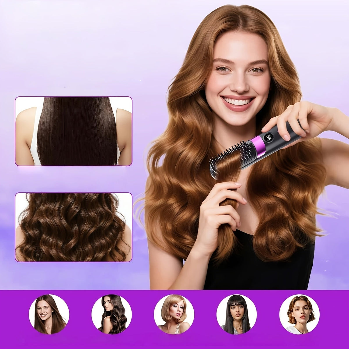 2-in-1 draadloze haarstyler borstel met stijltang, krulborstel en LED-display