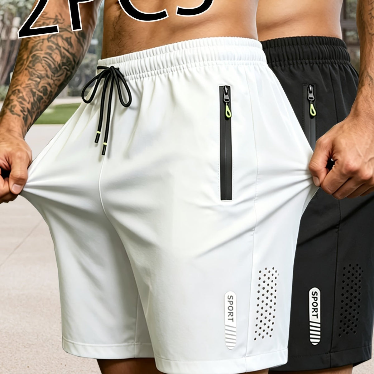 2-pack heren sportshorts met ademende sneldrogende stof, ritszakken en reflecterende details