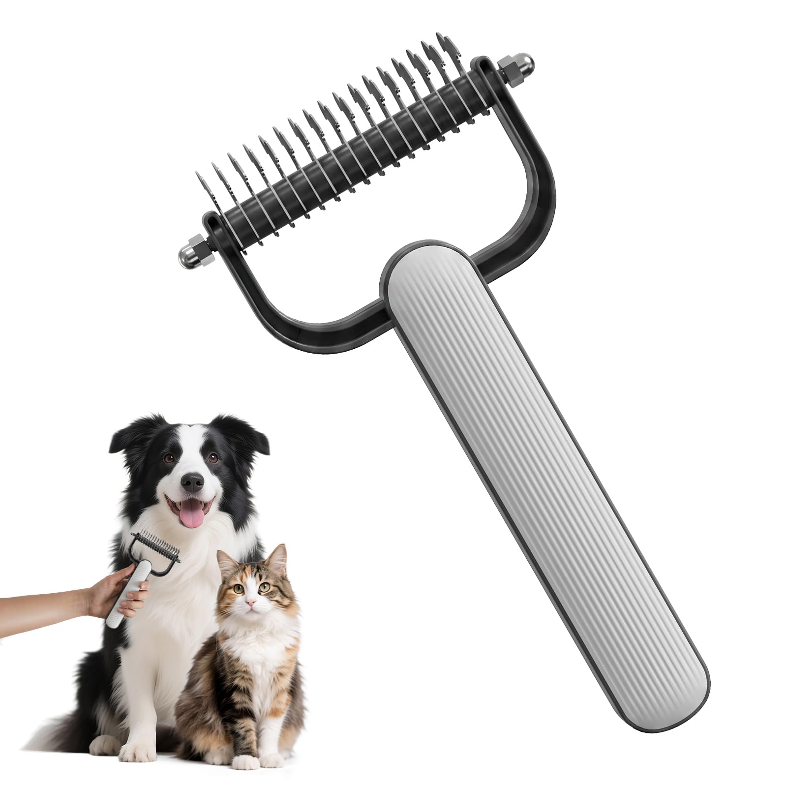 Dubbelzijdige ondervachtkam met roestvrijstalen tanden voor honden en katten met lange, dikke en dubbele vachten