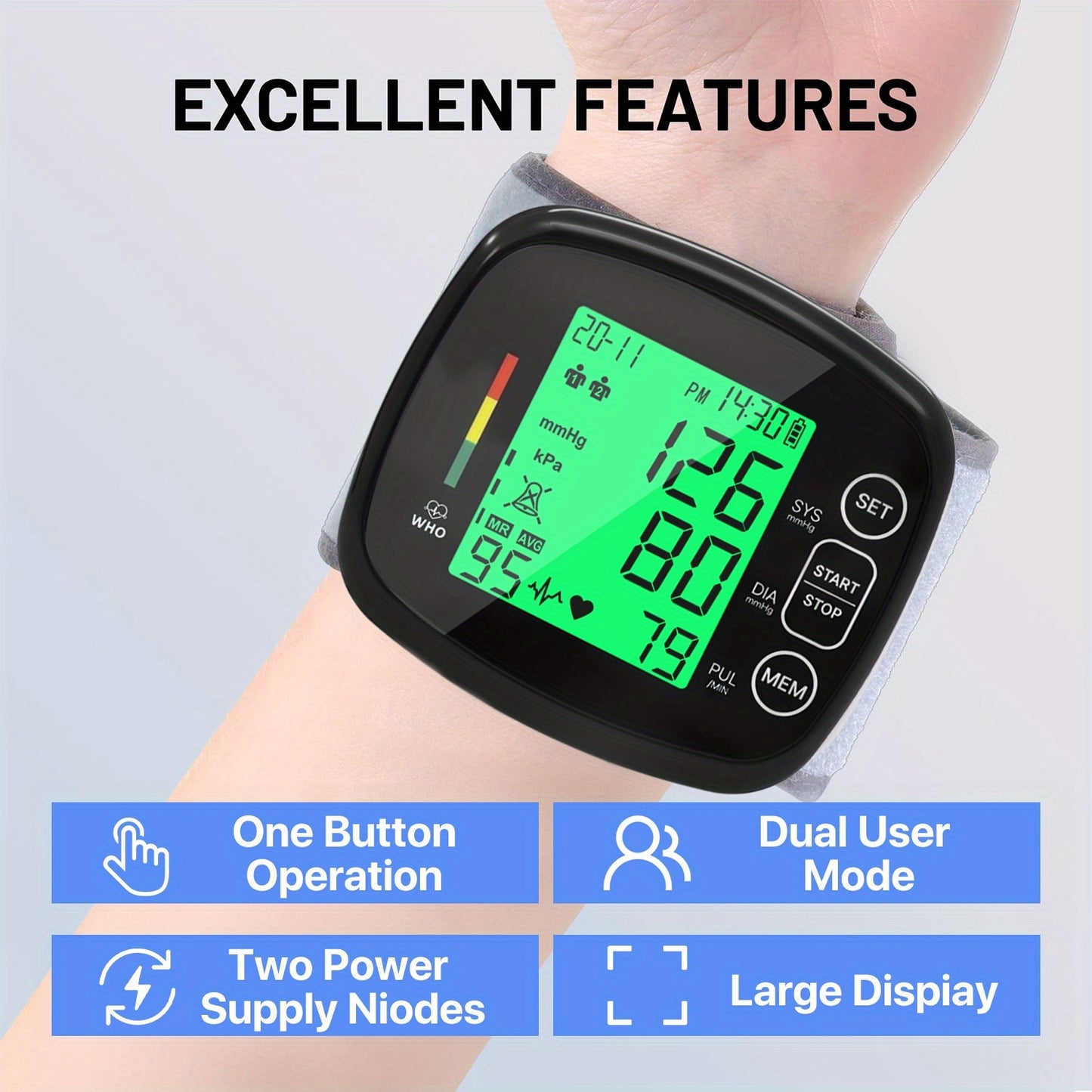 Home Bloeddrukmeter One-Touch Pols-Type Elektronische Bloeddrukmeter met LED Achtergrondverlichting, Dubbele Voedingsopties (USB en Batterij), 198 Geheugenplaatsen (Ondersteunt 2 Gebruikers)