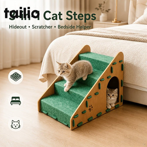 3-in-1 kattentrap met kattenhuis, krabpaal en antislip opstapjes voor binnenkatten bij bed of bank