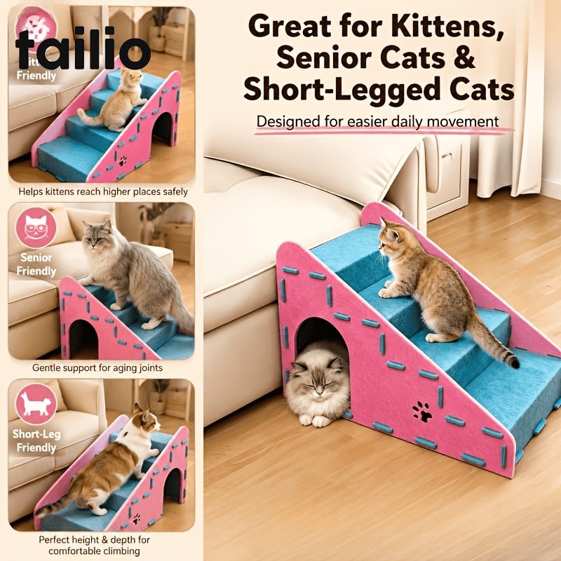 3-in-1 kattentrap met kattenhuis, krabpaal en antislip opstapjes voor binnenkatten bij bed of bank