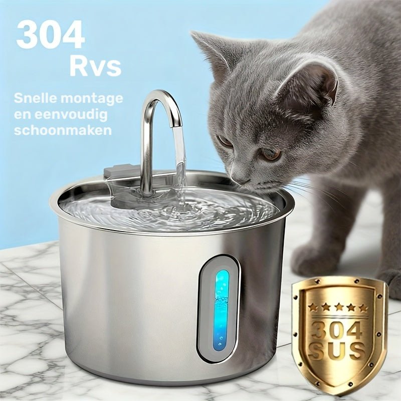 304 RVS katten waterfontein van 2,2 liter met stille USB-pomp, kraan en waterniveauvenster
