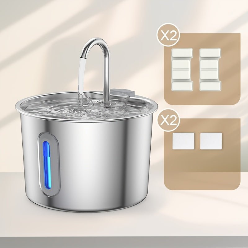 304 RVS katten waterfontein van 2,2 liter met stille USB-pomp, kraan en waterniveauvenster