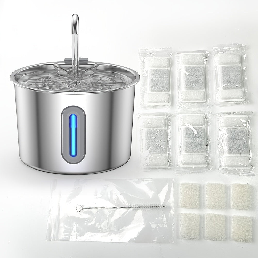 304 RVS katten waterfontein van 2,2 liter met stille USB-pomp, kraan en waterniveauvenster