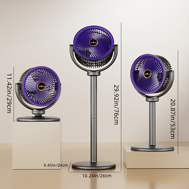 3-in-1 Huishoudelijke Vloerventilator met Verstelbare Hoogte, 5 snelheden instelbare windsnelheid, Type-C oplaadinterface, USB-opladen, Woonkamer Vloerventilator, Verticale en Onafhankelijke Luchtcirkulatie-eenheden, Eenvoudige Beugel, 2400mAh Batterij,