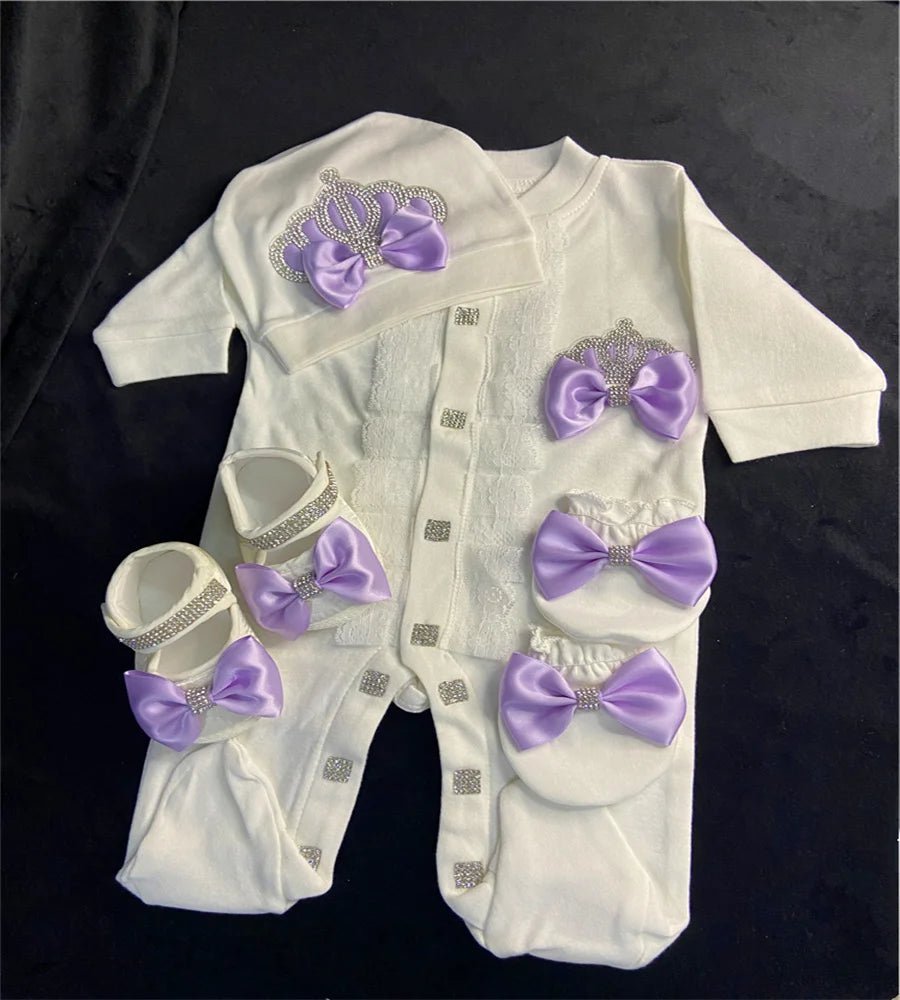 5-delige babykledingset van katoen met romper, broek, shirt en muts voor pasgeboren baby's