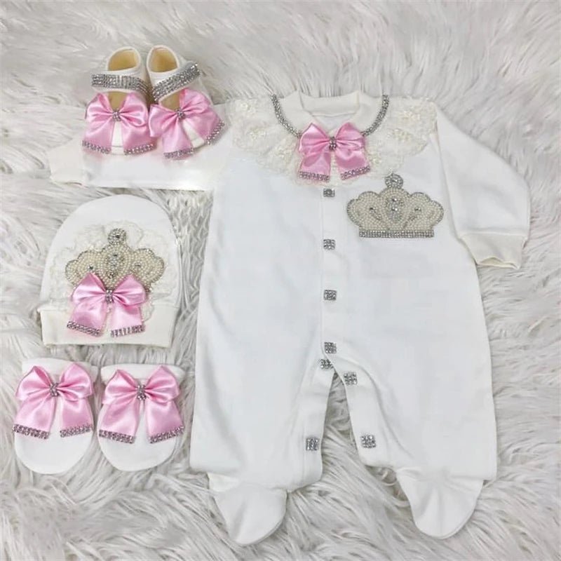 5-delige babykledingset van katoen met romper, broek, shirt en muts voor pasgeboren baby's