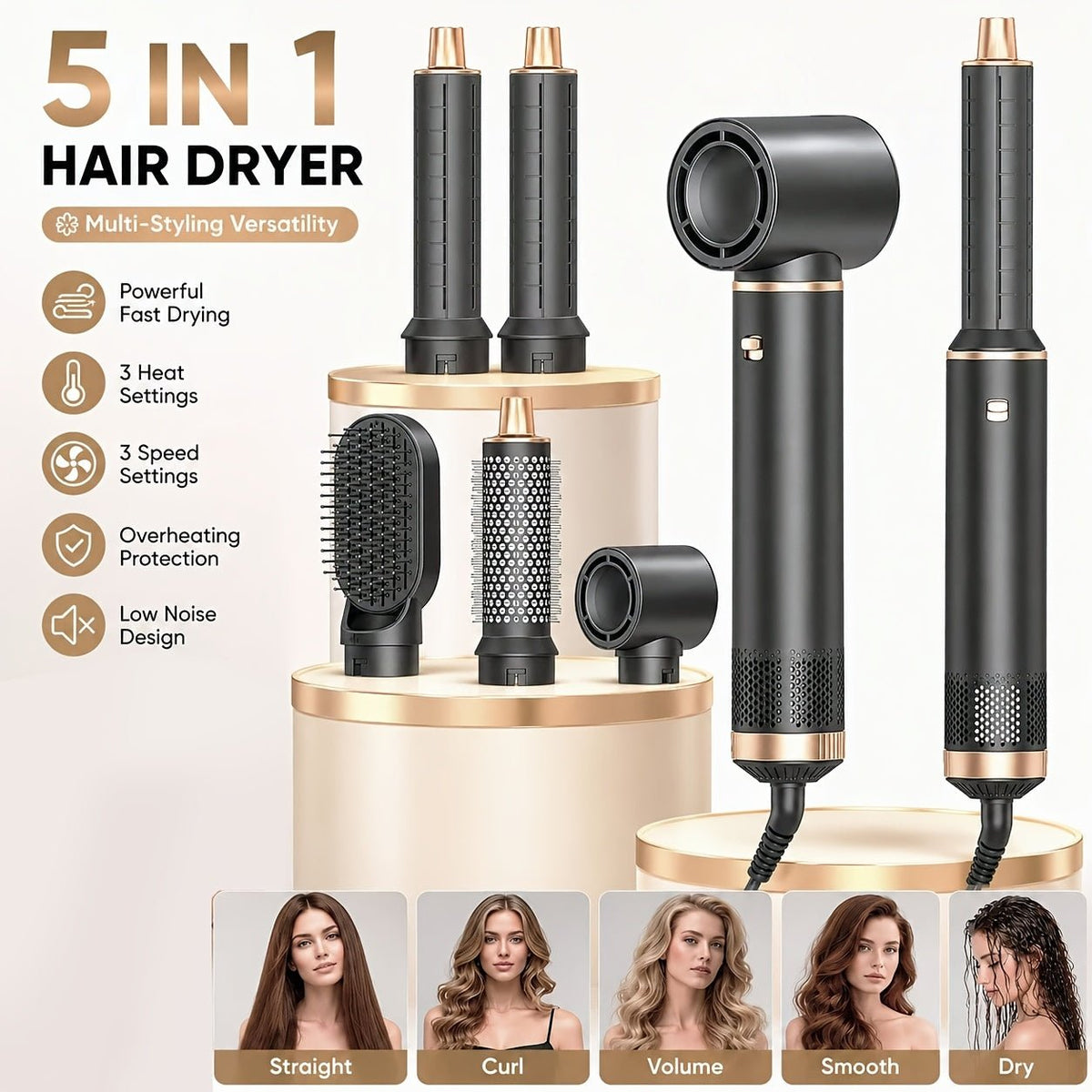 5-in-1 Lucht-haarstyler – 1000 W Föhn, Krultang en Volumizer - Spotlights shopping