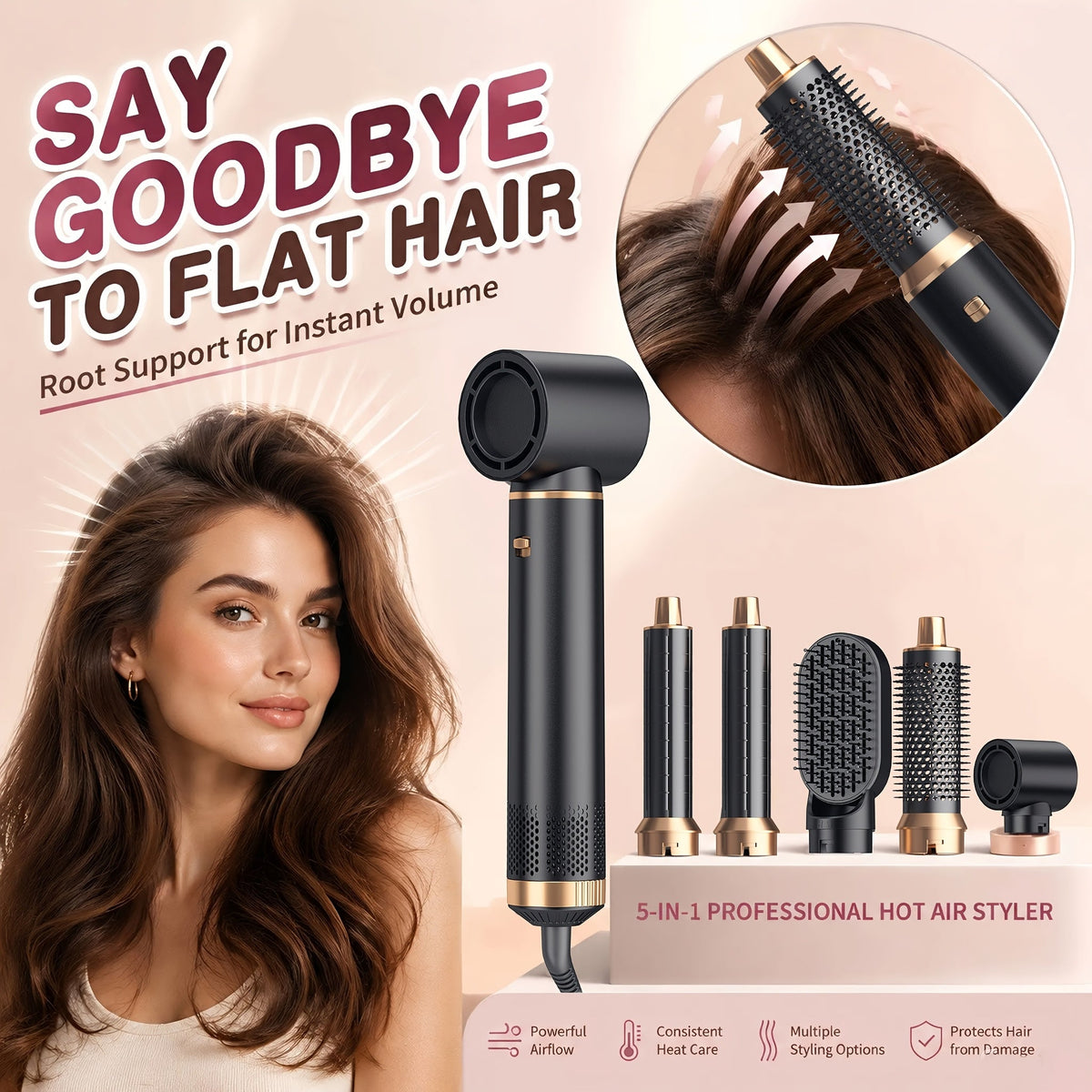 5-in-1 Lucht-haarstyler – 1000 W Föhn, Krultang en Volumizer - Spotlights shopping