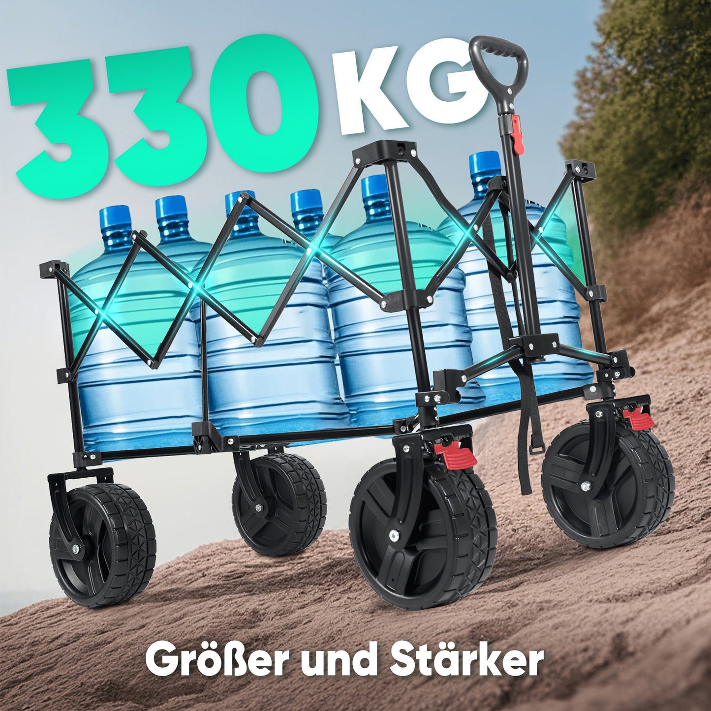 Heavy-duty terreinwagen opvouwbare bakwagen 200L/ 330kg capaciteit, 17x10cm PU-wielen met remmen, 4-richtingen gepatenteerd inklapbaar ontwerp, groen/ blauwgrijs/ zwart/ antraciet, duurzaam canvas, GS- voor bouwplaatsen/ kamperen, professionele transport