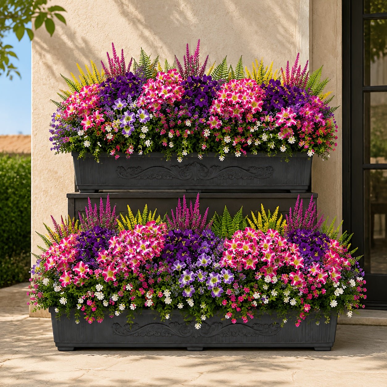 56-delige UV-bestendige kunstbloemen set met viooltjes, camelia's, eucalyptus en decoratieve bladeren voor binnen en buiten