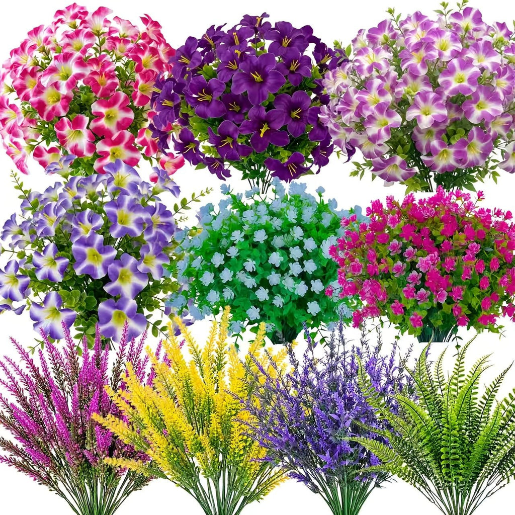 56-delige UV-bestendige kunstbloemen set met viooltjes, camelia's, eucalyptus en decoratieve bladeren voor binnen en buiten