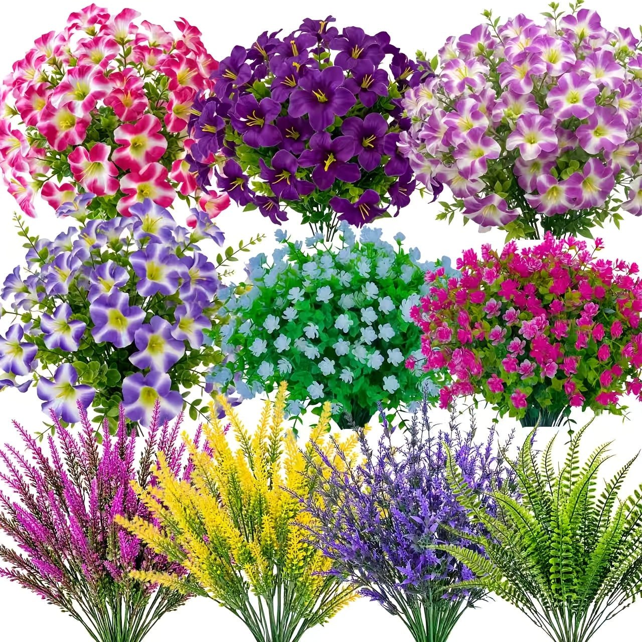 56-delige UV-bestendige kunstbloemen set met viooltjes, camelia's, eucalyptus en decoratieve bladeren voor binnen en buiten
