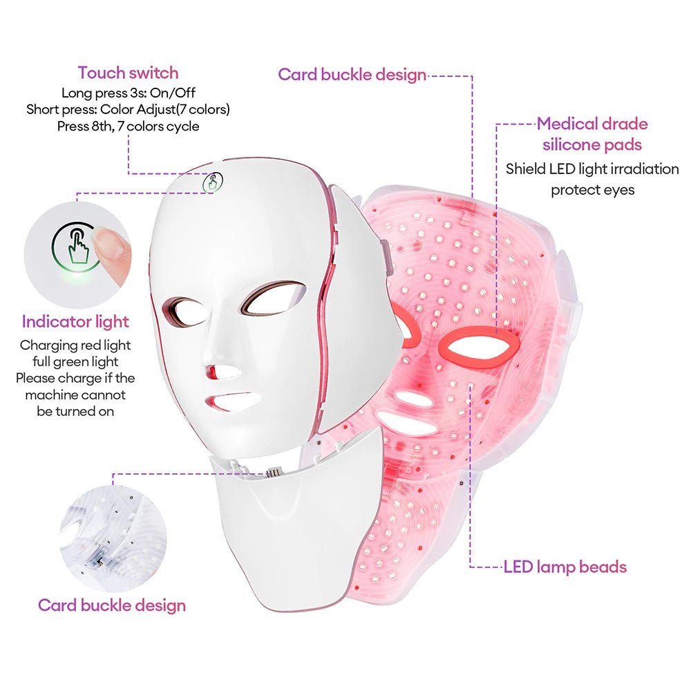 7 kleuren LED gezichtsmasker met LED-nekmasker voor Photon lichttherapie en huidverzorging