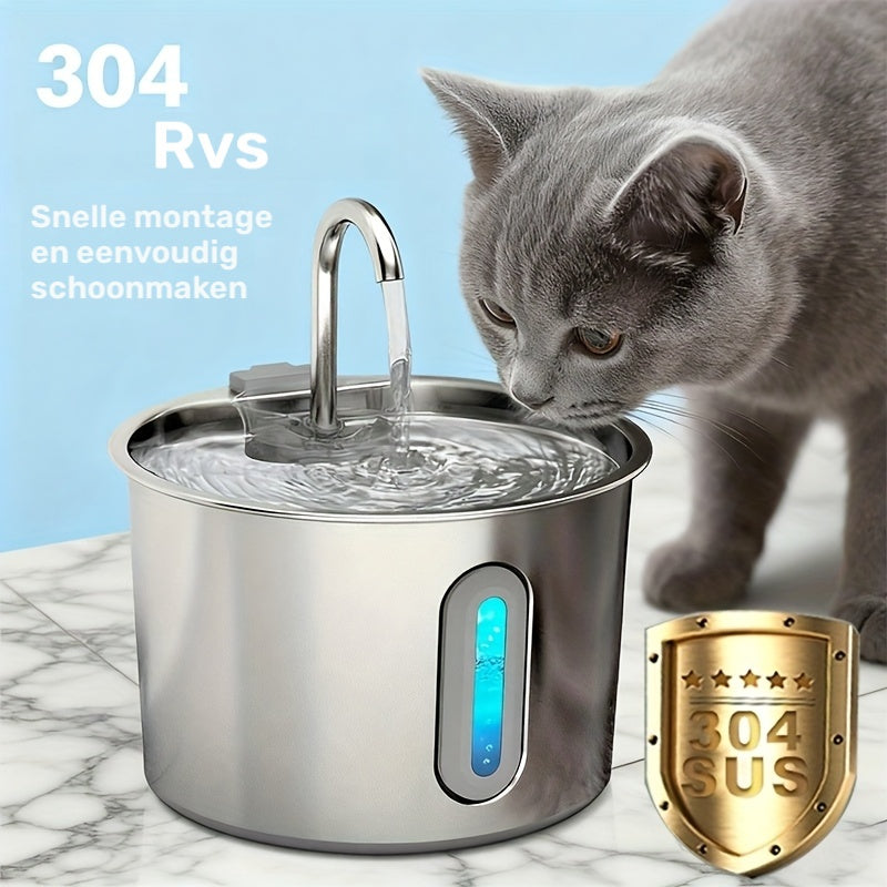 304 Roestvrij Staal voor Katten Waterfontein - 74oz/2.2L | Stille Waterdispenser voor Huisdieren Binnenshuis met Kraan, Waterstandvenster en Stille Pomp - USB Aangedreven, Geen Batterij Nodig