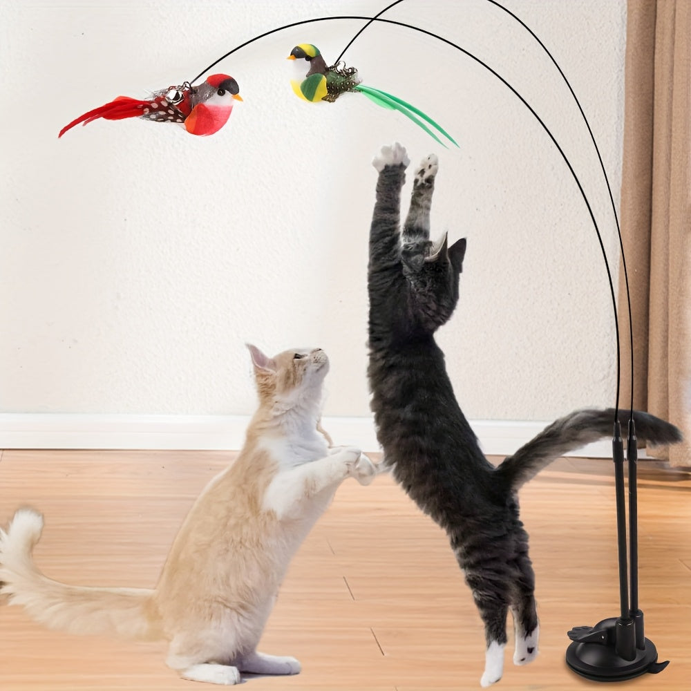 Interactieve Katten Speelstok met Lange Dubbele Stang & Krachtige Zuignapbasis - Handsfree Kattenspeeltje met Kunstmatige Veren (Rood/Groen), Niet-Giftig Polyester voor Jagen, Kittens en Volwassen Katten - Binnen- en Buitenspel, Geen Batterijen Nodig - V