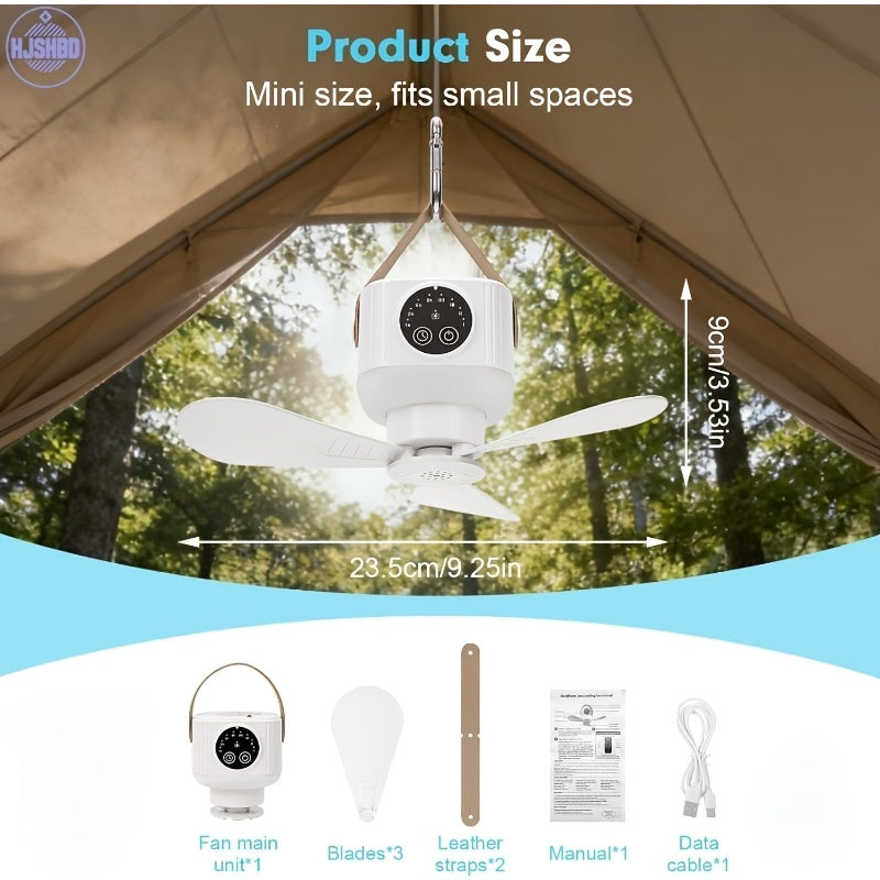 Draagbare plafondventilator met verlichting en afstandsbediening, USB-oplaadbare campingventilator, 9,25' draadloze tentventilator met 4 snelheden, timer, op batterijen werkende plafondventilator voor camper, vrachtwagen, daktent, reizen, kamperen