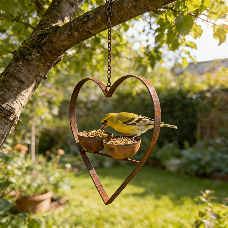 Roestig Metalen Hart met Twee Voer- en Waterbakjes, Dubbele Kom, Hartvormig, voor Binnenplaats, Boom, Europese Binnenplaatsboom, Vintage, Buiten