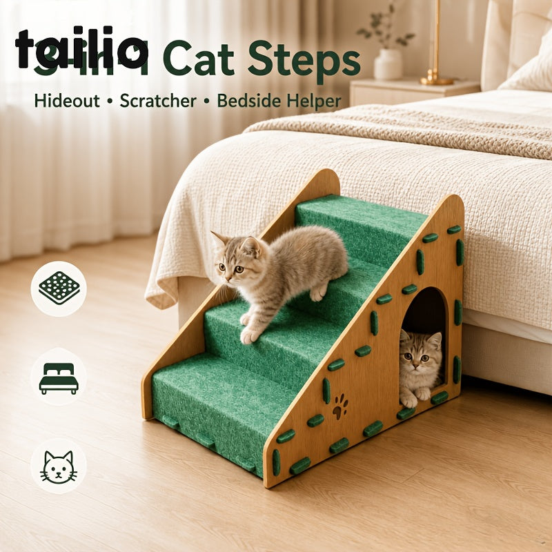 3-in-1 Kattentrap met Kattenhuis en Krabpaal, Antislip Kattenstapjes voor Bed/Bank, Duurzame Kattenhelling voor Binnenkatten
