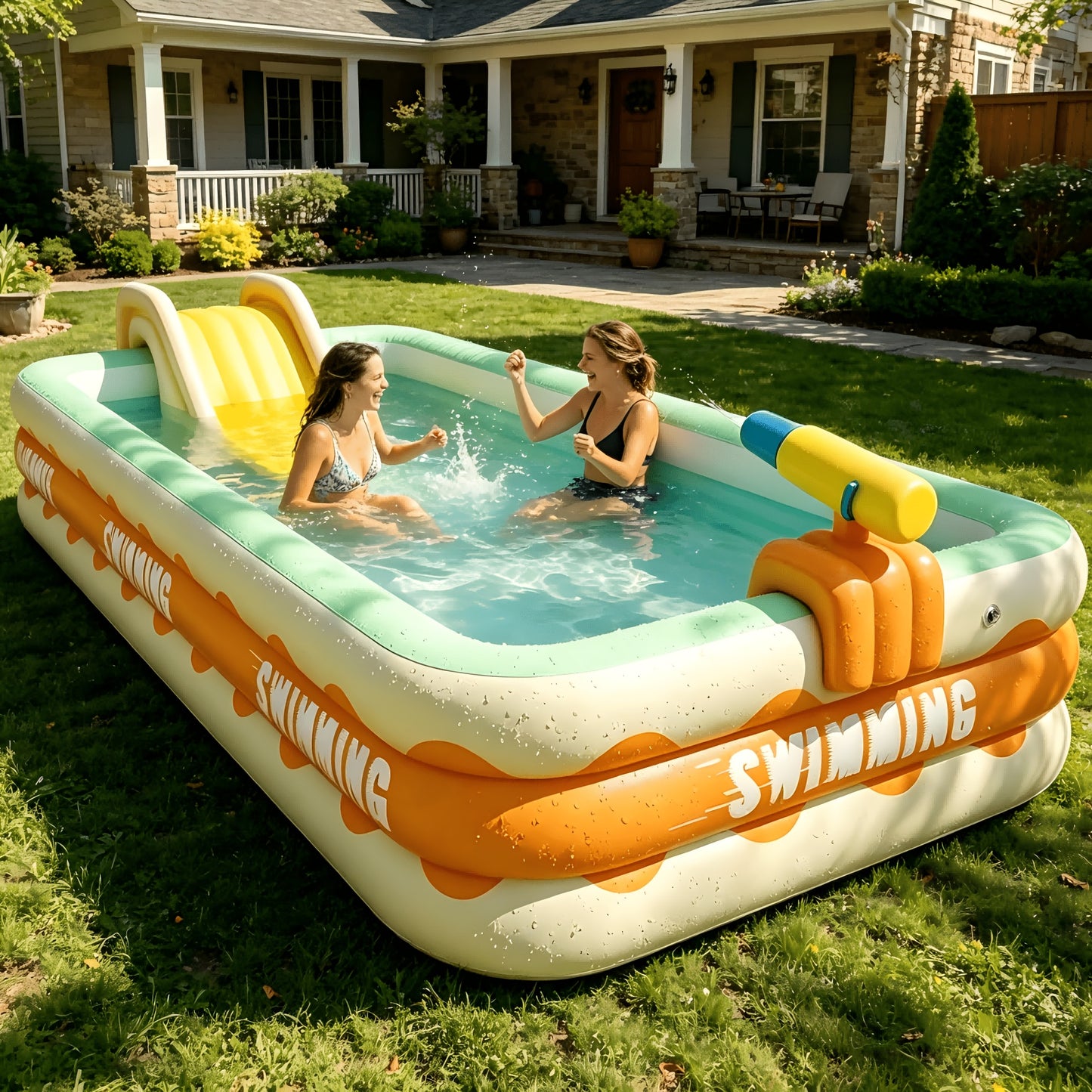 Groot Opblaasbaar Zwembad, Oranje-Gele Tweekleurig Ontwerp, Gepersonaliseerd Tekstpatroon, Geel Zwembad Geschikt voor Tuinen Thuis, Duurzaam PVC Materiaal Perfect voor Familie Waterspelletjes en Zwemmen, Zwembadfeest in de Achtertuin