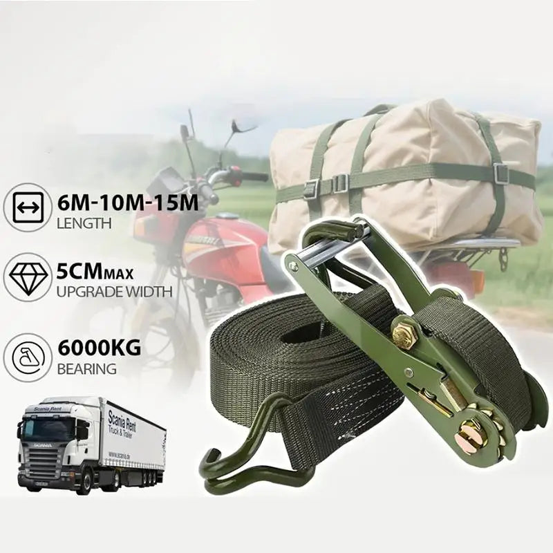 （Summer4）3M/6M/10M/15M Cargo Strap Heavy Duty Adjustable Ratchet Cargo Tie Down Strap Luggage Belt Tow Rope Tali Lashing