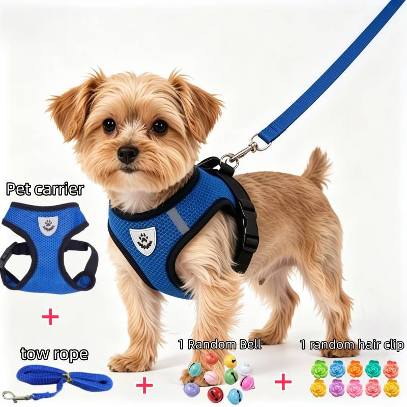 Harnasset voor kleine huisdieren, set van 4: 1 ademend mesh -trekvest + 1 riem + 1 willekeurige bel + 1 willekeurige haarclip - voor puppy's/katten, reflecterend en verstelbaar voor uitjes en wandelingen