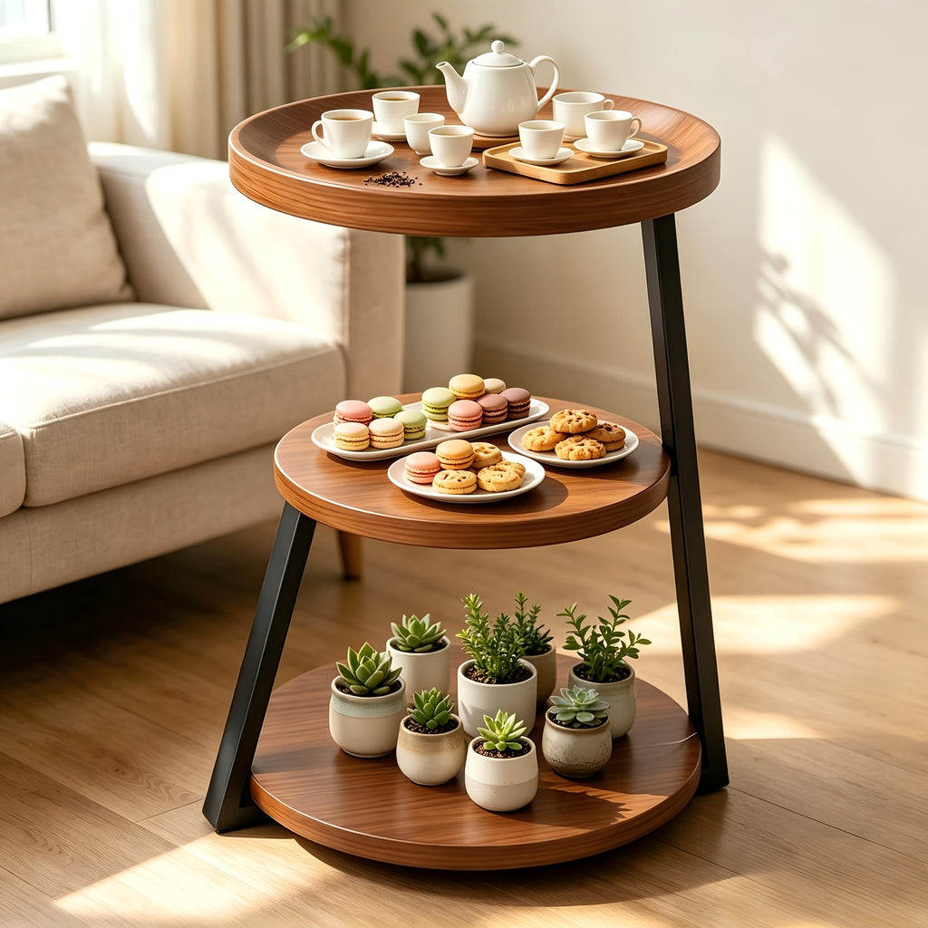 SAEIV ronde bijzettafel met drie opbergniveaus en houten bladen