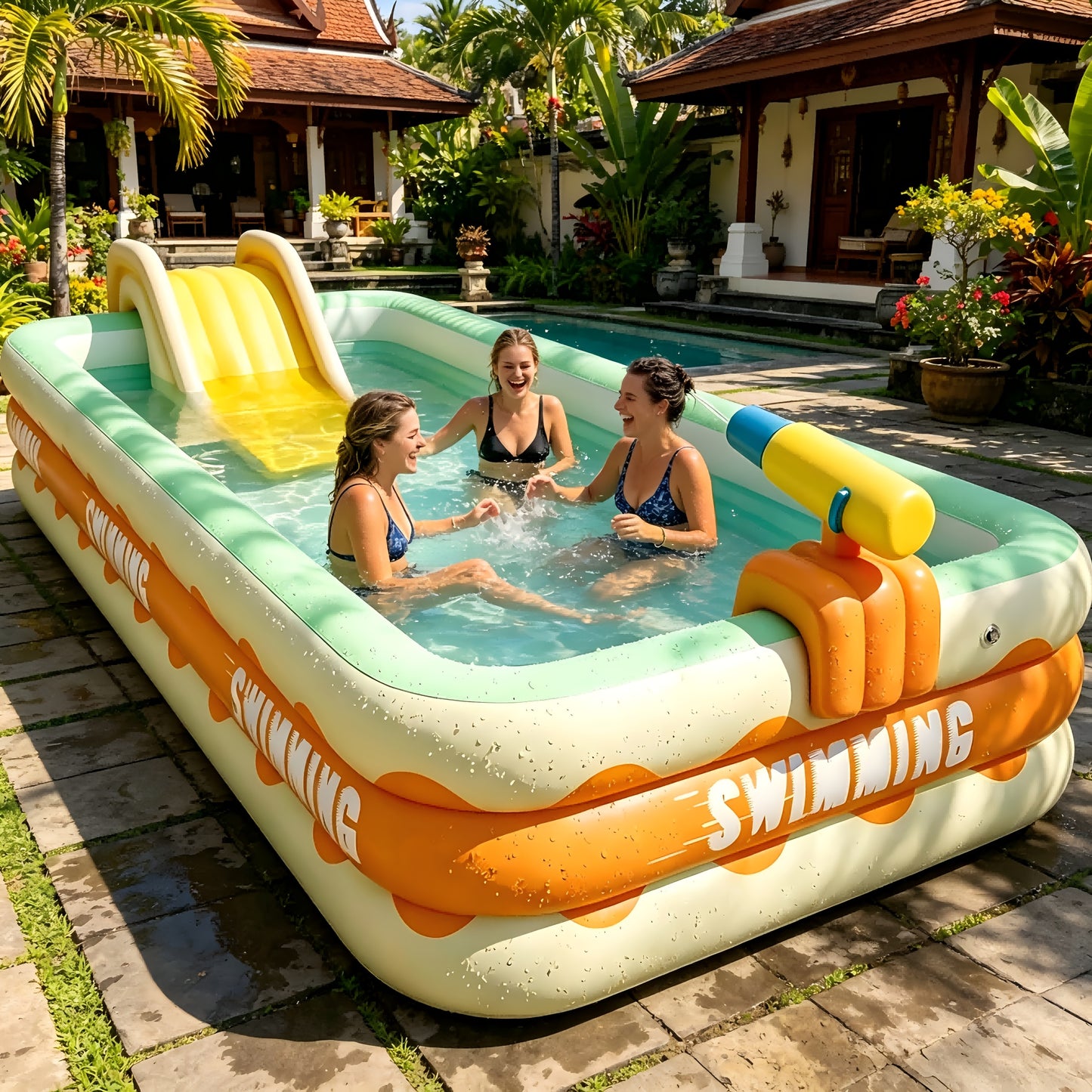 Groot Opblaasbaar Zwembad, Oranje-Gele Tweekleurig Ontwerp, Gepersonaliseerd Tekstpatroon, Geel Zwembad Geschikt voor Tuinen Thuis, Duurzaam PVC Materiaal Perfect voor Familie Waterspelletjes en Zwemmen, Zwembadfeest in de Achtertuin