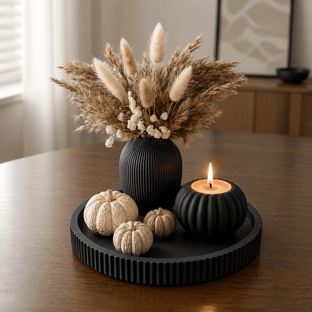 Herfst dienblad met pompoenkaars en decoratie