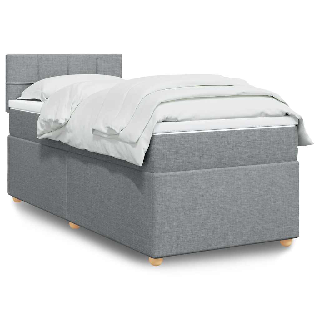 Taupekleurige boxspring van 200x200 cm met pocketveringmatrassen, topmatras en gestoffeerd hoofdbord
