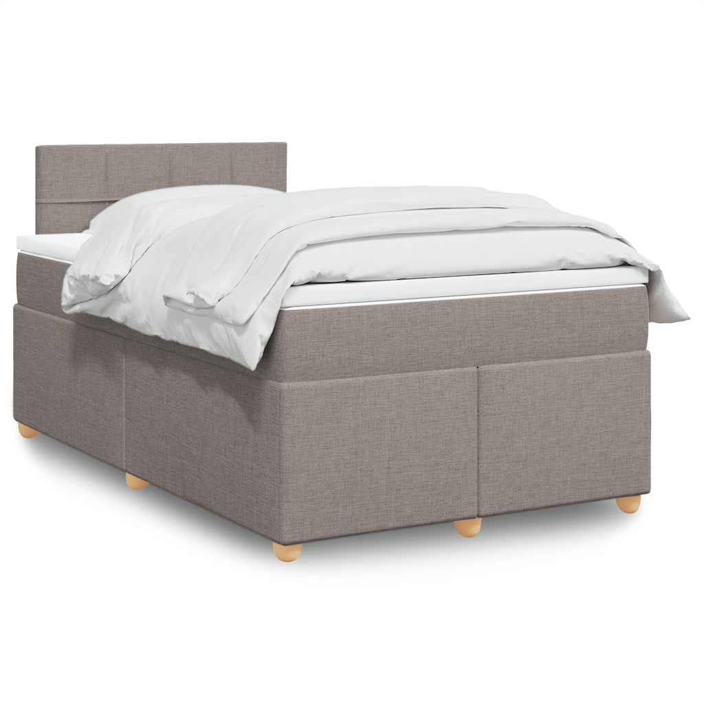 Taupekleurige boxspring van 200x200 cm met pocketveringmatrassen, topmatras en gestoffeerd hoofdbord