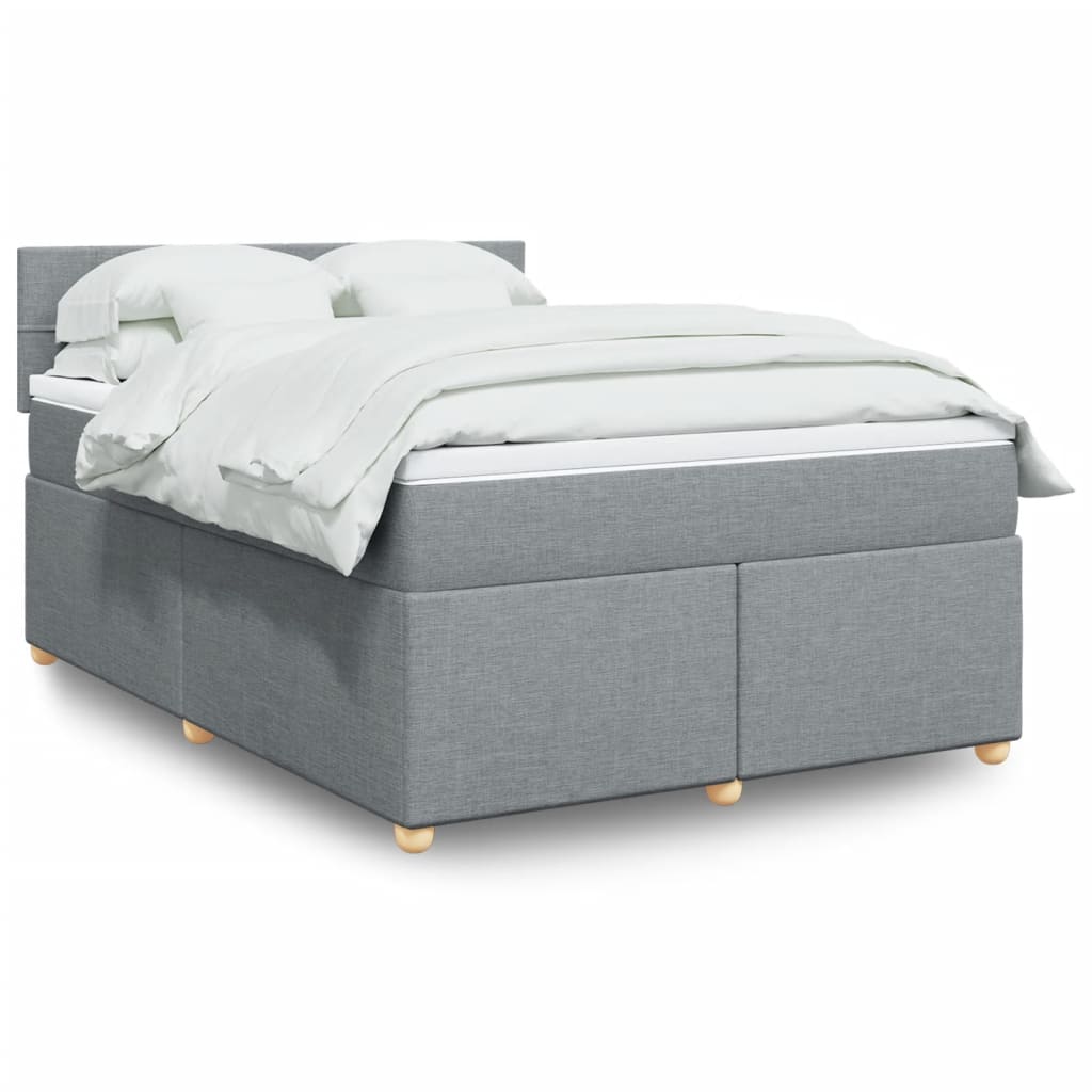 Taupekleurige boxspring van 200x200 cm met pocketveringmatrassen, topmatras en gestoffeerd hoofdbord