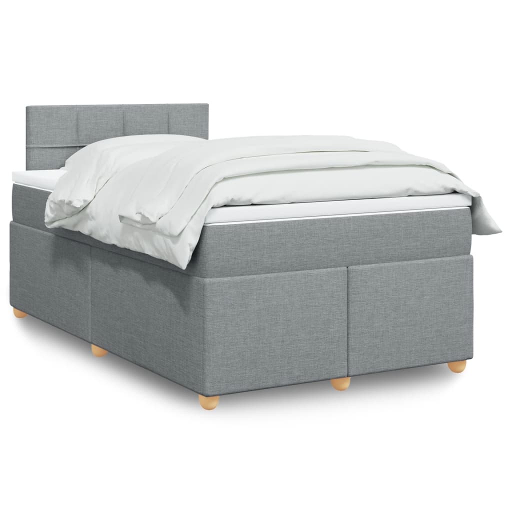 Taupekleurige boxspring van 200x200 cm met pocketveringmatrassen, topmatras en gestoffeerd hoofdbord