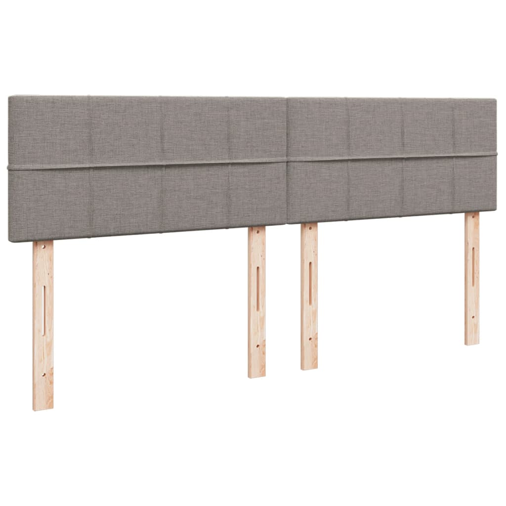 Taupekleurige boxspring van 200x200 cm met pocketveringmatrassen, topmatras en gestoffeerd hoofdbord