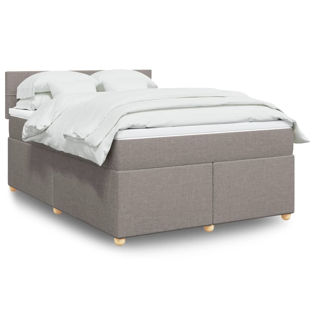 Taupekleurige boxspring van 200x200 cm met pocketveringmatrassen, topmatras en gestoffeerd hoofdbord