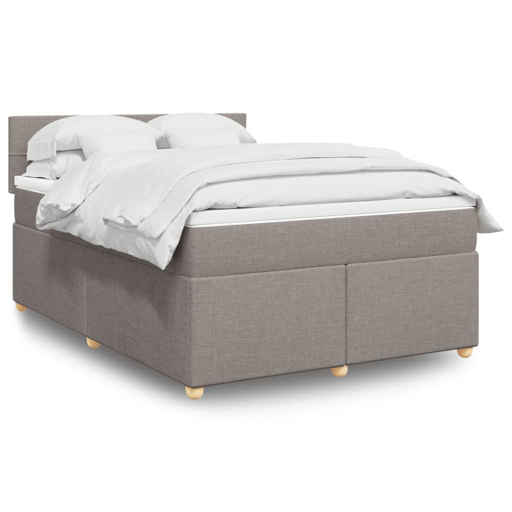 Taupekleurige boxspring van 200x200 cm met pocketveringmatrassen, topmatras en gestoffeerd hoofdbord